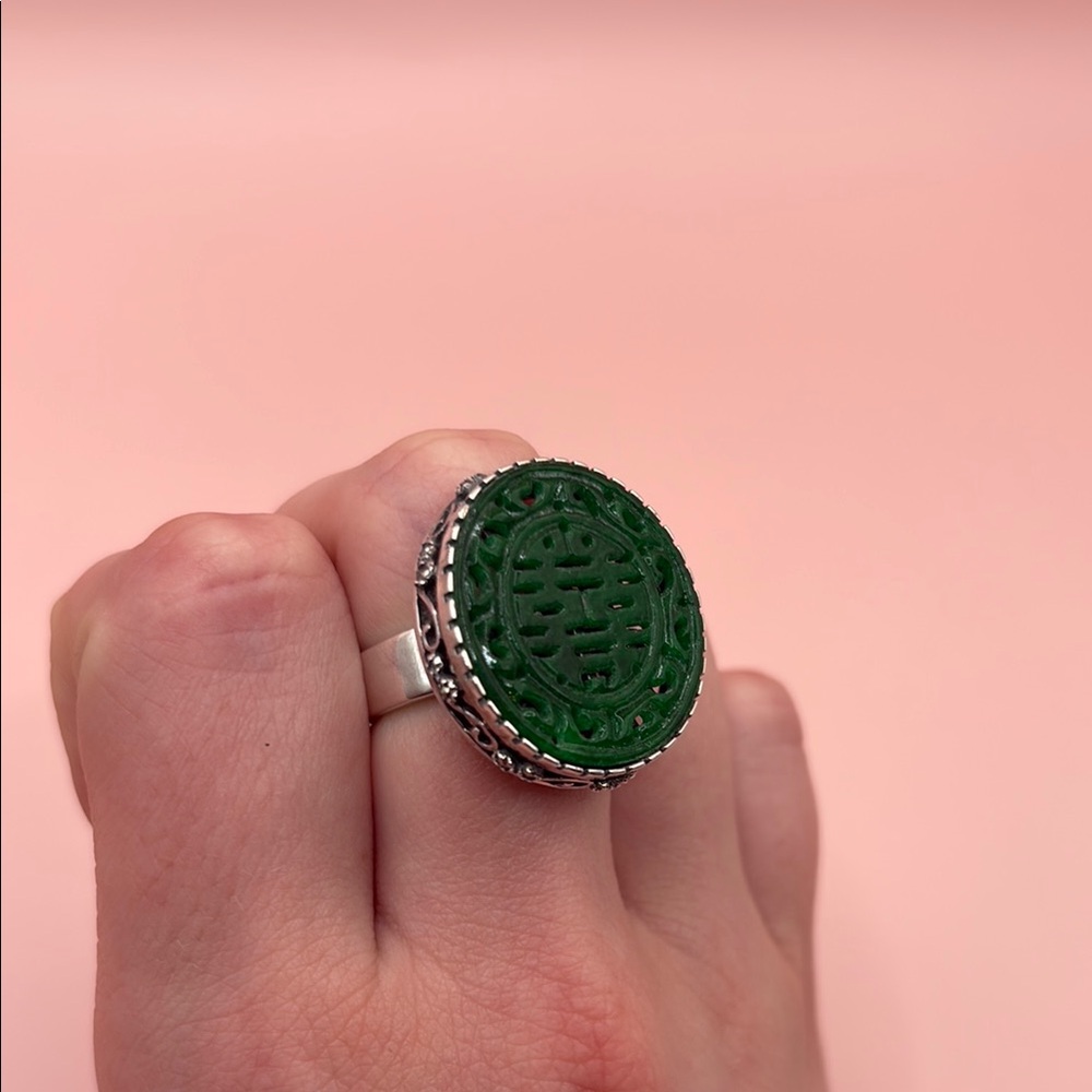 Elegant Chunky Green Jade Silver Ring